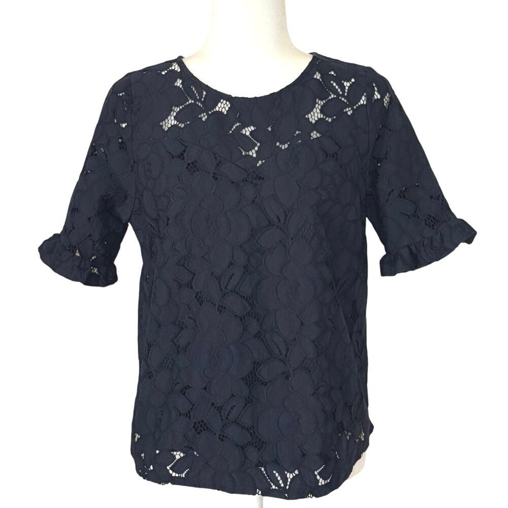 Monteau Lace Short Sleeve Blouse Women's L Navy Blue